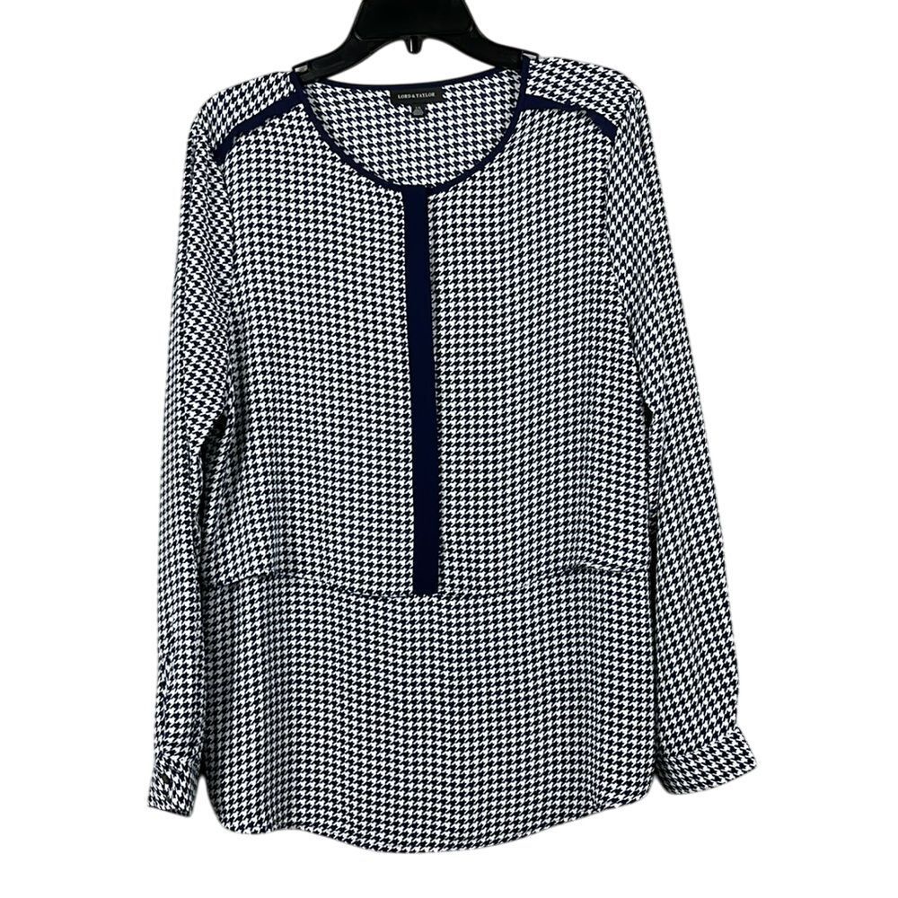 Lord & Taylor  Long Sleeve Blouse Womens Size Large Navy Blue White Houndstooth‎